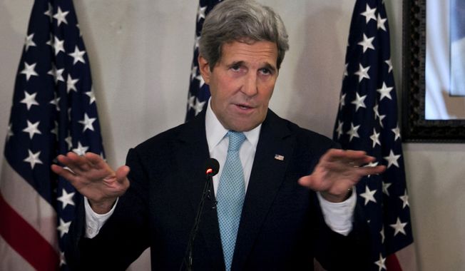 U.S. Secretary of State John Kerry gestures during a joint press conference with Pakistani prime minister&#x27;s adviser on foreign affairs Sartaj Aziz Tuesday, Jan. 13, 2015 in Islamabad, Pakistan. Kerry praised the Pakistani military&#x27;s operation against militants in the country&#x27;s northwest, saying the results are &quot;significant.&quot; (AP Photo/Anjum Naveed)
