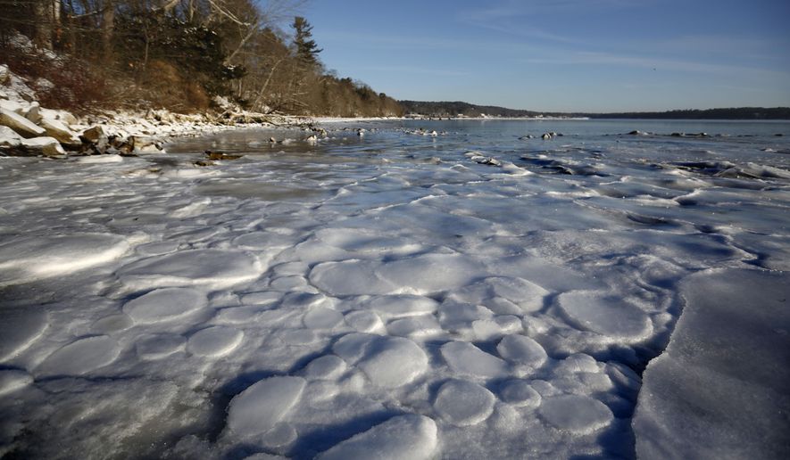 Ice covers a beach at high tide, Wednesday, Jan. 14, 2015, in Cumberland, Maine. The town is asking a court to throw out a lawsuit so it can create its first public beach in one of a handful of legal battles over public access playing out in the state. Cumberland voters decided in November to borrow $3 million to pay for the project, which includes this half-mile long beach and a 220-foot pier. (AP Photo/Robert F. Bukaty)