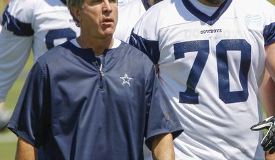 Dallas Cowboys offensive coordinator Bill Callahan, left, is followed by rookie guard Zack Martin (70) during a rookie minicamp at the Cowboys&#39; headquarters Friday, May 16, 2014, in Irving, Texas.  (AP Photo/Tim Sharp)
