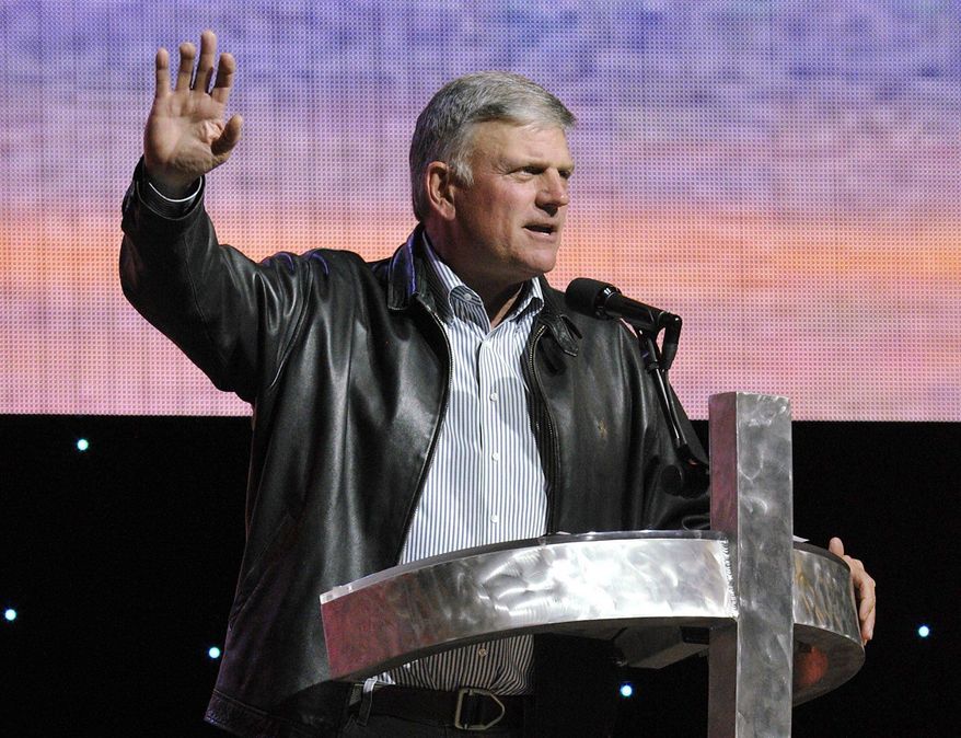 Christian evangelist Franklin Graham speaks in Erie, Pa., as part of a two-day music and evangelism festival in this Sept. 27, 2014, file photo. (AP Photo/Erie Times-News, Greg Wohlford) ** FILE **