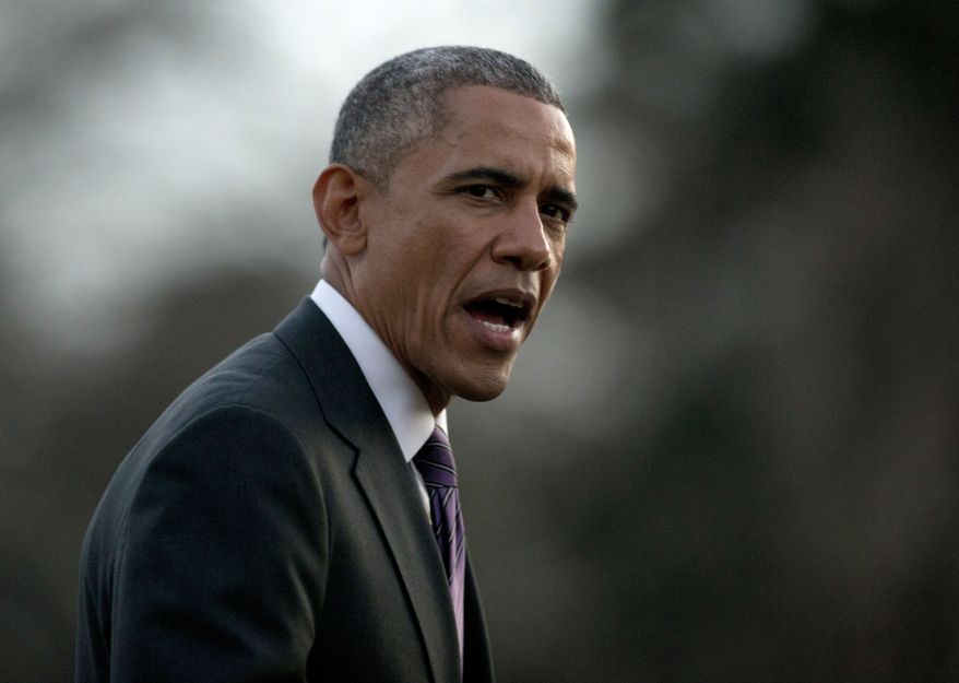 President Barack Obama calls out to the media as he walks from Marine One across the South Lawn to the Oval Office of the White House, Thursday, Jan. 15, 2015, in Washington, as returns from Baltimore where he attended the Senate Democratic Issues Conference and visited Charmington's Cafe where he talked about paid sick leave for working Americans. (AP Photo/Carolyn Kaster) ** FILE **