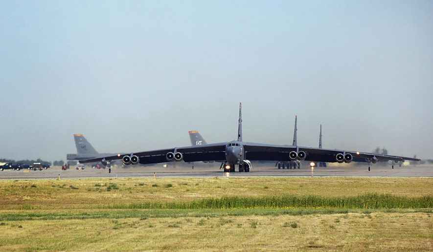 In this Aug. 9, 2007, file photo, B-52 bombers taxi to the runway at  Minot Air Force Base in Minot, N.D. (AP Photo/The Daily News, Eloise Ogden, File)