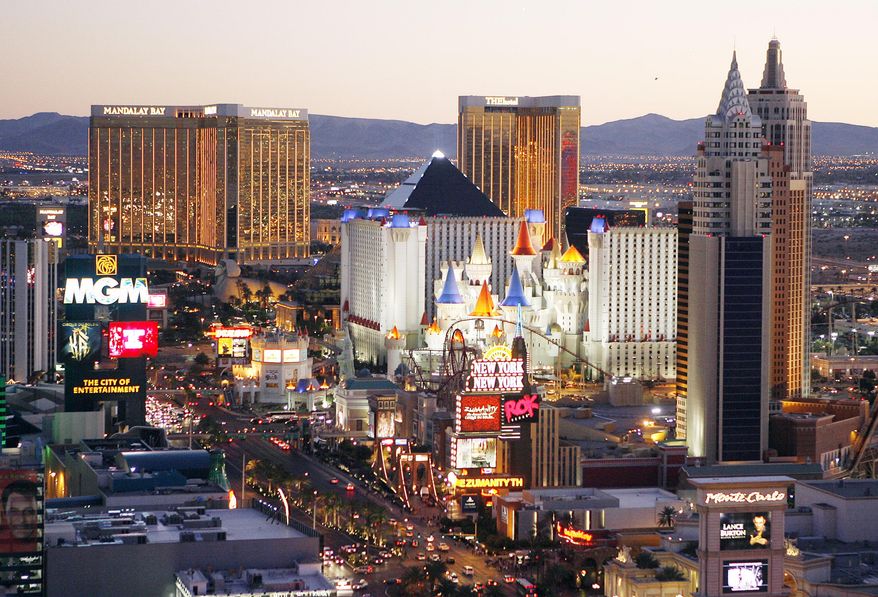 This Oct. 20, 2009 file photo shows casinos on the Las Vegas Strip. (AP Photo/Isaac Brekken, File)