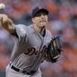 Detroit Tigers starting pitcher Max Scherzer throws in the second inning against the Baltimore Orioles during Game 1 of baseball&#39;s AL Division Series in Baltimore, Thursday, Oct. 2, 2014. (AP Photo/Patrick Semansky)