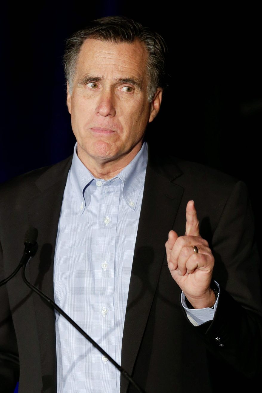 lead in: Mitt Romney, the former Republican presidential nominee, speaks during the Republican National Committee&#39;s winter meeting aboard the USS Midway Museum Friday, Jan. 16, 2015, in San Diego. (AP Photo/Gregory Bull) (credit)