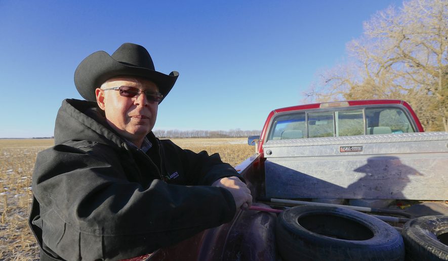 In this Jan. 16, 2015, file photo, Ken Prososki, who opposes the Keystone XL pipeline, leans against his pickup along the route of the pipeline, which is planned to go through his property, in Fullerton, Neb.  (AP Photo/Nati Harnik, File)