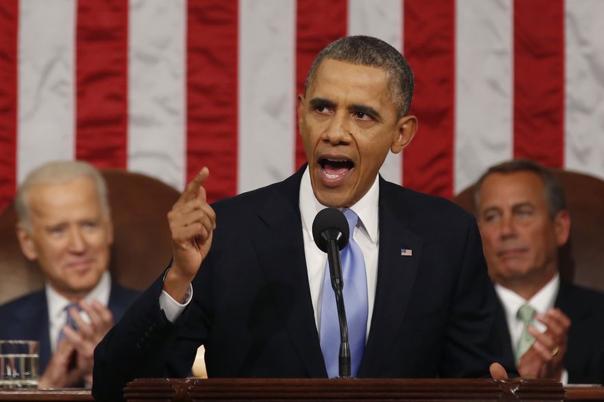 President Barack Obama delivers the State of Union address before a joint session of Congress in the House chamber Tuesday, Jan. 28, 2014, in Washington, as Vice President Joe Biden, and House Speaker John Boehner of Ohio, listen. (AP Photo/Larry Downing, Pool)