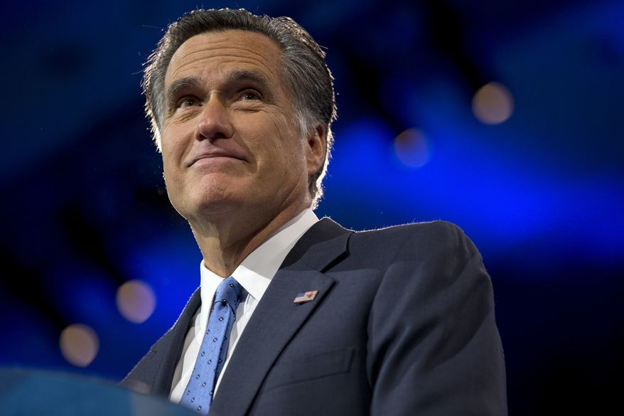 Mitt Romney, former Massachusetts governor and 2012 Republican presidential candidate, pauses while speaking at the 40th annual Conservative Political Action Conference in National Harbor, Md., in this March 15, 2013, file photo. (AP Photo/Jacquelyn Martin)