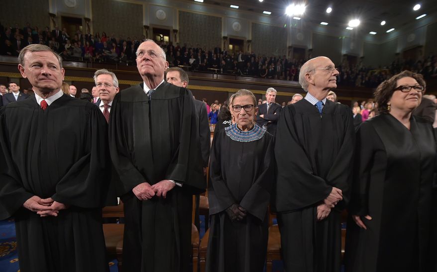 From left: U.S. Chief Justice John G. Roberts Jr. and Supreme Court Justices Anthony M. Kennedy, Ruth Bader Ginsburg, Stephen G. Breyer and Sonia Sotomayor -- FILE. (Agence France-Presse)
