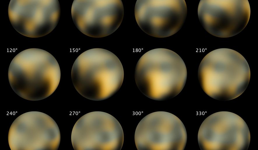 This combination of images made by NASA's Hubble Space Telescope in 2002 and 2003 shows Pluto at different angles. NASA's New Horizons spacecraft is nearing the end of its nine-year voyage to Pluto, and has just over 100 million miles to go before getting there in July 2015. Starting Sunday, Jan. 25, 2015, it will begin photographing the mysterious, unexplored, icy world once deemed a planet. (AP Photo/NASA, ESA, M. Buie)
