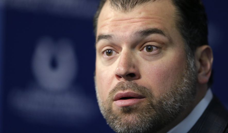Indianapolis Colts general nanager Ryan Grigson declines to answer a question about deflated footballs used by the New England Patriots in the AFC Championship game during a press conference at the NFL football team&#x27;s practice facility in Indianapolis, Friday, Jan. 23, 2015. The Colts lost to the Patriots in last Sunday&#x27;s AFC Championship. (AP Photo/Michael Conroy)