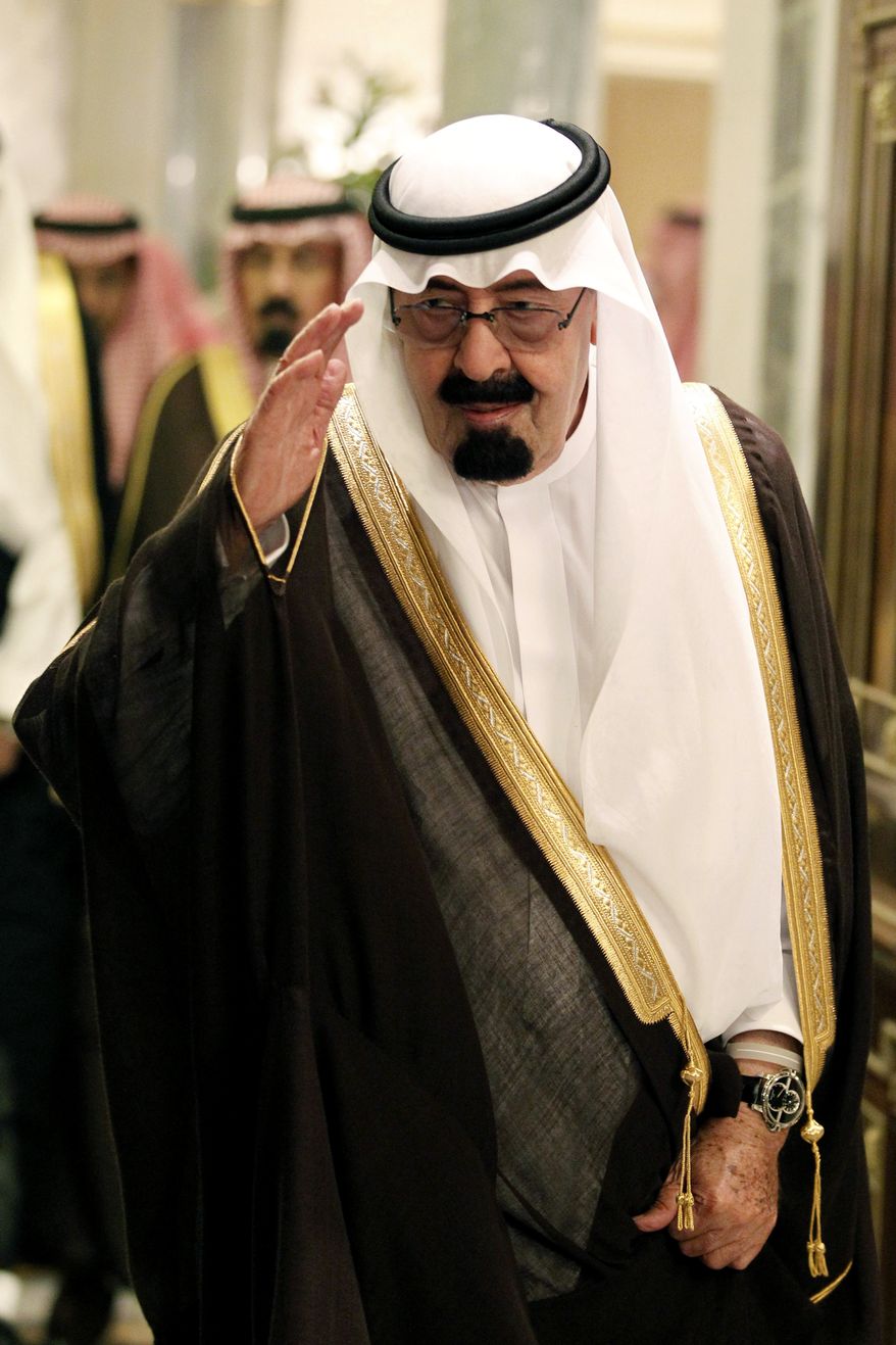 File - In this Tuesday, May 11, 2010 file photo, Saudi King Abdullah bin Abd al-Aziz, salutes as he arrives to the opening of the Gulf Cooperation Council (GCC) consultative summit in Riyadh, Saudi Arabia. On early Friday, Jan. 23, 2015, Saudi state TV reported King Abdullah died at the age of 90. (AP Photo/Hassan Ammar, File)