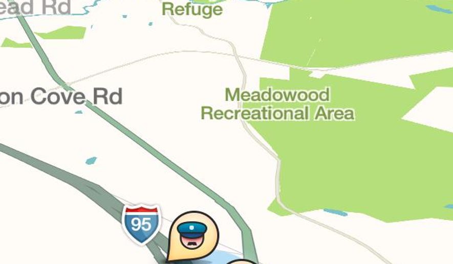This image taken from the the Waze app on an iPhone, in Washington, shows police at the scene on a map on the app. Sheriffs are campaigning to pressure Google Inc. to turn off a feature on its Waze traffic software that warns drivers when police are nearby. Authorities say one of the technology industry&#39;s most popular mobile apps could put officers&#39; lives in danger from would-be cop-killers who can find where their targets are parked.  (AP Photo/Ted Bridis)