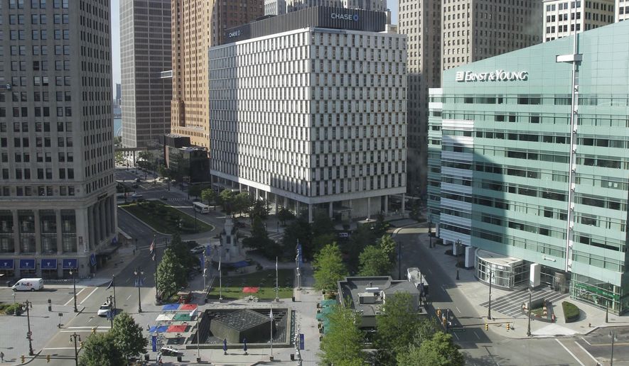 In this July 21, 2011 photo, Campus Martius Park is shown in Detroit. A nonprofit group that maintains the popular downtown Detroit park improperly barred groups from protesting there against the city’s bankruptcy and domestic and overseas violence, a lawsuit filed Wednesday, Jan. 28, 2015 alleges. (AP Photo/Carlos Osorio)