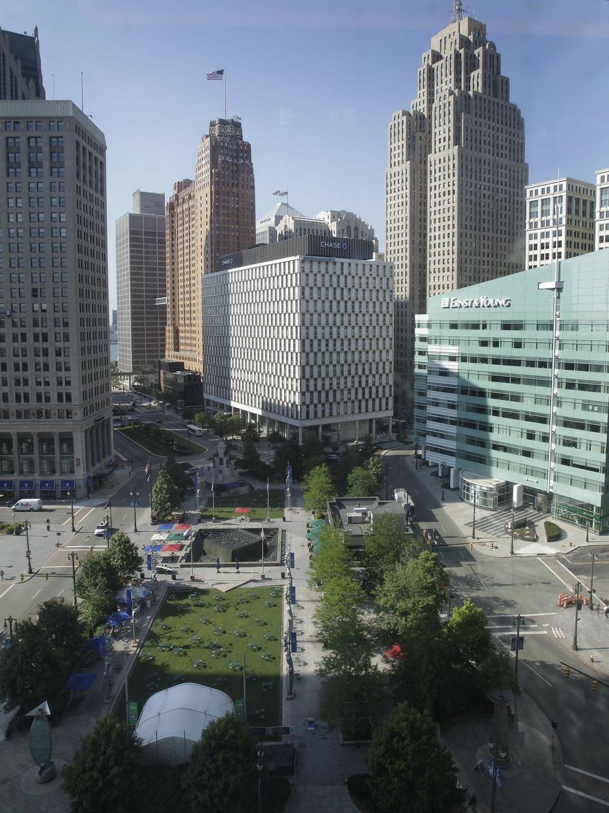 In this July 21, 2011 photo, Campus Martius Park is shown in Detroit. A nonprofit group that maintains the popular downtown Detroit park improperly barred groups from protesting there against the city’s bankruptcy and domestic and overseas violence, a lawsuit filed Wednesday, Jan. 28, 2015 alleges. (AP Photo/Carlos Osorio)