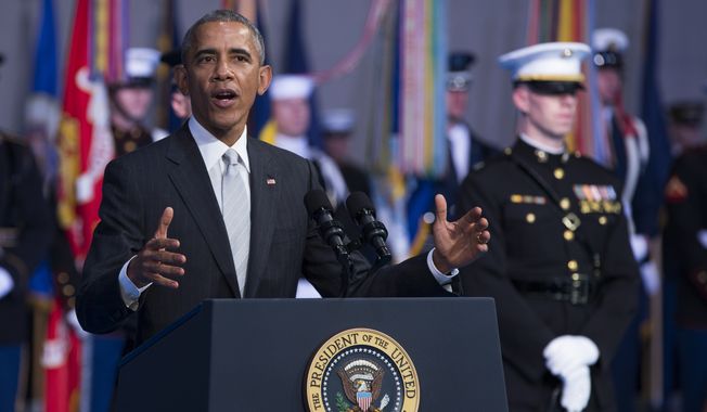 President Barack Obama speaks during a celebration in honor of Secretary of Defense Chuck Hagel, on Wednesday, Jan. 28, 2015, in Fort Myer, Va. Obama, Vice President Joe Biden and top military brass praised Hagel at a farewell ceremony at Joint Base Fort Myer-Henderson Hall. Obama said the country is grateful for military progress on Hagel&#x27;s watch.(AP Photo/Evan Vucci)  **FILE**