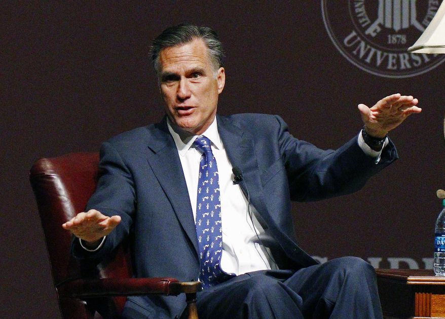 Former GOP presidential candidate Mitt Romney speaks at Mississippi State University in Starkville, Miss., in this Jan. 28, 2015, file photo. (AP Photo/Rogelio V. Solis) ** FILE **