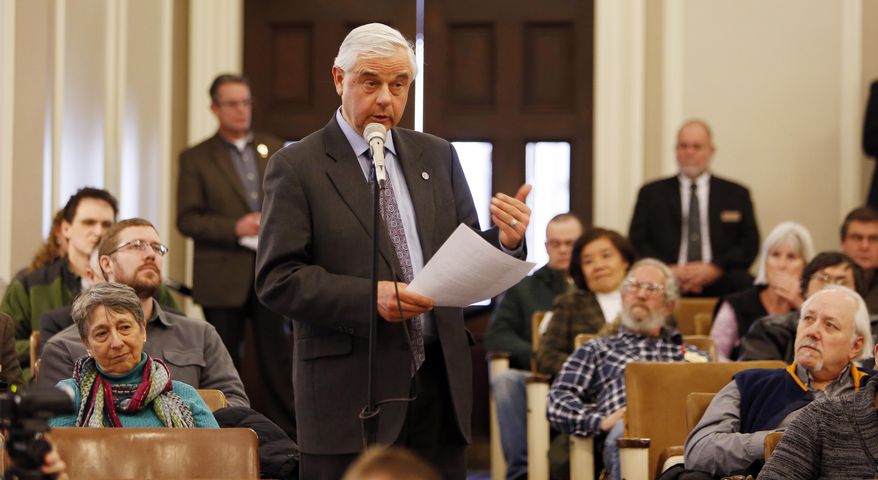 State Sen. Jeb Bradley, R-Wolfboro speaks in favor of a bill during a public hearing on a bill that would allow anyone to carry a concealed weapon without a license on Thursday, Jan. 29, 2015 at the Statehouse in Concord, N.H.,. (AP Photo/Jim Cole)