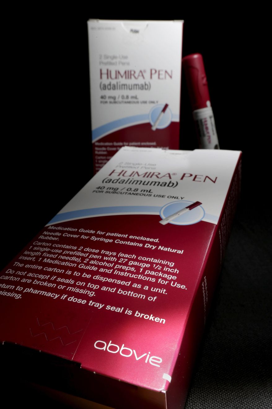 FILE - This Friday, July 18, 2014, file photo, shows AbbVie's signature drug Humira, in Houston. Drugmaker Abbvie posted better-than-expected fourth quarter earnings Friday, Jan. 30, 2015, on double-digit growth of its blockbuster anti-inflammatory drug Humira. (AP Photo/David J. Phillip, File)