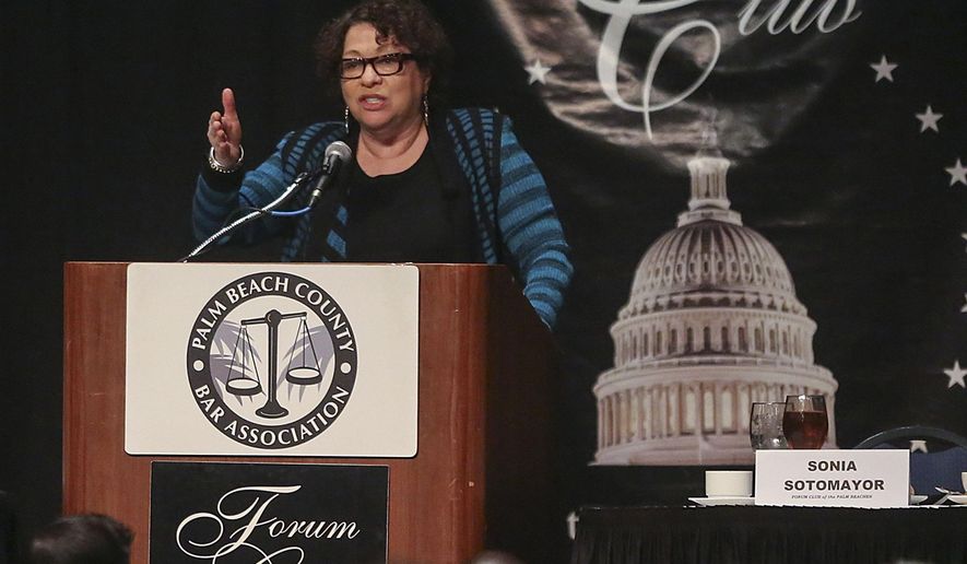 U.S. Supreme Court Justice Sonia Sotomayor addresses a joint meeting of the Forum Club and Palm Beach Bar Association Feb. 2, 2015. She downplayed hopes for in-court cameras of the upcoming gay marriage arguments. (AP Photo/The Palm Beach Post, Damon Higgins)