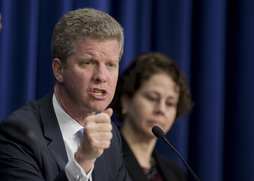 Office of Management and Budget Director Shaun Donovan, left, with  Domestic Policy Council Director Cecilia Muñoz, talks about President Barack Obama’s Fiscal Year 2016 Budget, during a news conference in the White House complex in Washington, Monday, Feb. 2, 2015.  Obama sent Congress a record $4 trillion budget Monday that would boost taxes on higher-income Americans and corporations and eliminate tight federal spending caps to shower more money on both domestic and military programs. It would provide middle-class tax relief and fund an ambitious public works effort to rebuild aging roads and bridges. (AP Photo/Manuel Balce Ceneta)