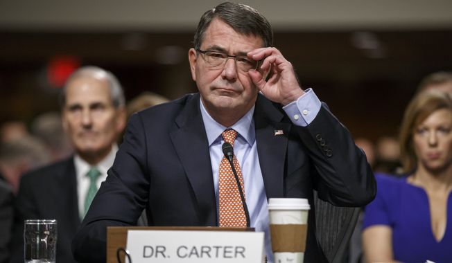 Ashton Carter, President Barack Obama&#x27;s choice to be defense secretary, testifies on Capitol Hill in Washington, Wednesday, Feb. 4, 2015, before the Senate Armed Services Committee hearing on his nomination to replace Chuck Hagel as Pentagon chief. (AP Photo/J. Scott Applewhite) ** FILE **