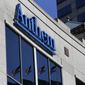 The Anthem logo hangs at the health insurer&#39;s corporate headquarters in Indianapolis in this Feb. 5, 2015, file photo. (AP Photo/Michael Conroy, File)