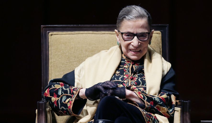 Supreme Court Justice Ruth Bader Ginsburg is interviewed at the University of Michigan in Ann Arbor, Mich., Friday, Feb. 6, 2015. Justice Ginsburg spoke to more than 3,000 people as part of a national series of lectures in the field of human values. (AP Photo/Carlos Osorio) ** FILE **