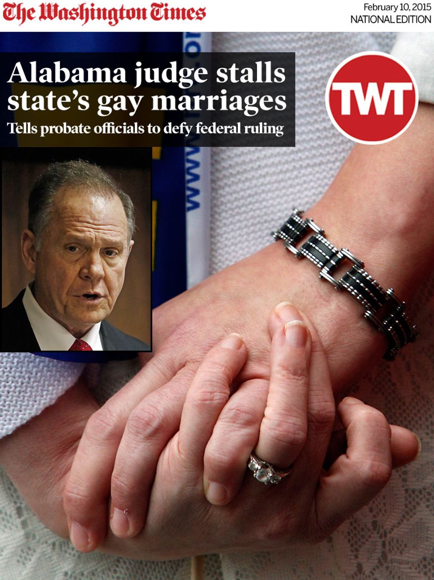 National Edition News cover for February 10, 2015 - Alabama judge stalls state’s gay marriages: Same-sex couple Dee Bush and Laura Bush hold hands as they wait for the Jefferson County courthouse doors to open so they can be legally married, Monday, Feb. 9, 2015, in Birmingham, Ala. A federal judge's order overturning the state's ban on gay marriage goes into effect on Monday, making Alabama the 37th state to allow gays and lesbians to wed. (AP Photo/Hal Yeager)