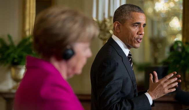 President Obama and German Chancellor Angela Merkel are taking opposing tacks on Ukraine&#x27;s ongoing faceoff with Russia, with Mr. Obama taking a hard-line stance and Mrs. Merkel seeking a diplomatic solution. (Associated Press)