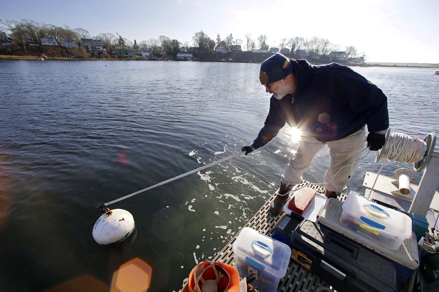 In this Monday, Dec. 15, 2014 photo University of Rhode Island professor John King hooks on to a mooring from the deck of a boat he uses to extract core samples from underwater sediment deposits before leaving the dock in Apponaug Cove on the waters of Greenwich Bay in Warwick, RI. URI researchers are working with Native Americans to ensure that wind farm projects don't disrupt sunken burial grounds. (AP Photo/Stephan Savoia)