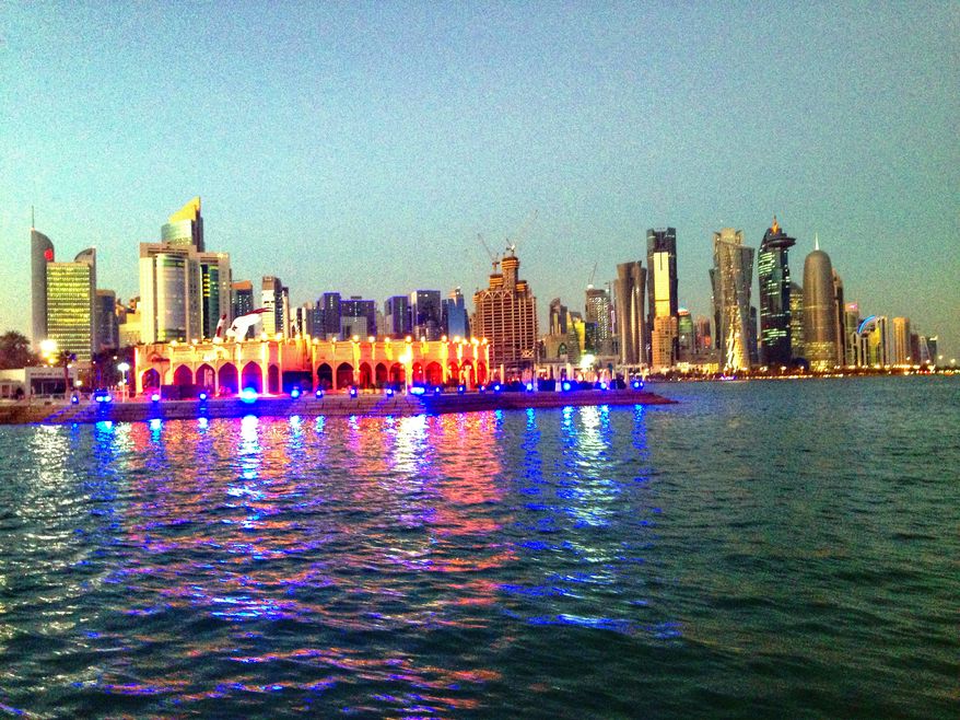 The Doha, Qatar, skyline almost doesn&#x27;t seem real, looking a bit like a stage set for a film taking place many years in the future. While the architecture looks a bit strange, it is quite beautiful at night, with changing colored lights dotting each building, writes Lea Hutchins, who blogs on travel for The Washington Times.