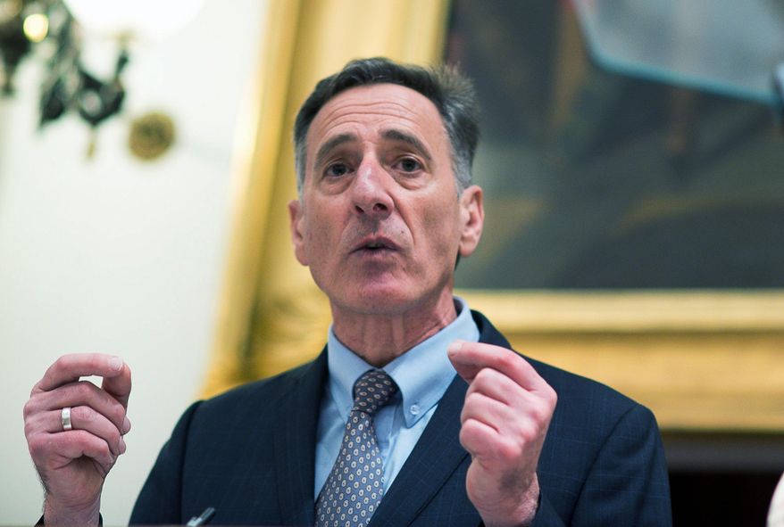 FILE - This Jan. 15, 2015 file photo shows Gov. Peter Shumlin delivering his budget address at the Statehouse in Montpelier, Vt. Hundreds of Vermont residents are expected to pack the state House chamber for a public hearing, Tuesday, Feb. 10, 2015, on a bill that would impose new restrictions on firearms. Senate Bill 31 would expand background checks from retail to private gun sales, step up reporting about people deemed psychologically unfit to have a gun and add state jurisdiction to what is now just federal enforcement of a ban on convicted felons possessing guns. (AP Photo/Andy Duback, file)