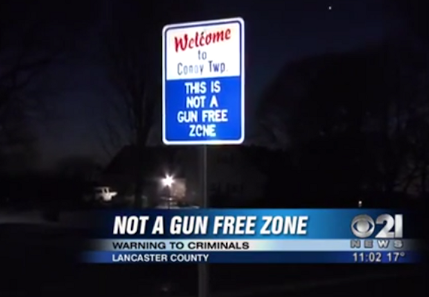 Conoy Township in south-central Pennsylvania is warning motorists that its residents pack heat in an effort to deter crime. A dozen signs that declare "THIS IS NOT A GUN FREE ZONE," have been erected on just about every major road leading into the town. (CBS 21 News)
