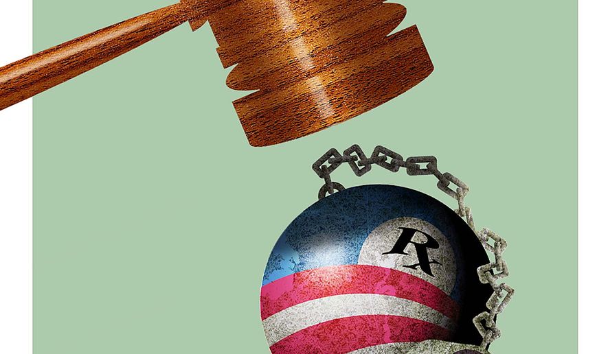 Illustration on legal flaws in Obamacare by Alexander Hunter/The Washington Times