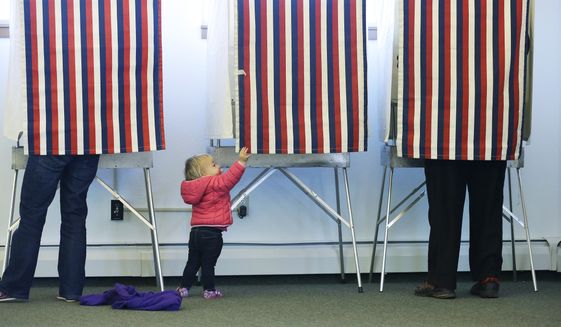 14-month-old Zoe Buck checks out an empty voting booth as at her mother, Julie Buck, votes at left on Nov. 4 at the Alaska Zoo polling place in Anchorage, Alaska. (Associated Press)