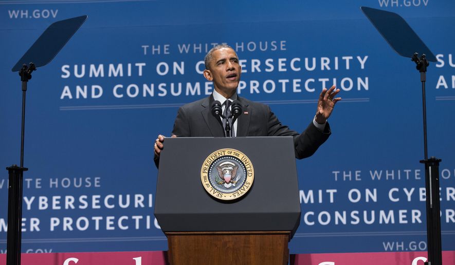 President Barack Obama speaks during a summit on cybersecurity and consumer protection, Friday, Feb. 13, 2015, at Stanford University in Palo Alto, Calif. The president said cyberspace is the new &amp;quot;wild West&amp;quot; _ with daily attempted hacks and people looking to the government to be the sheriff. He&#39;s asking the private sector to do more to help.  (AP Photo/Evan Vucci)