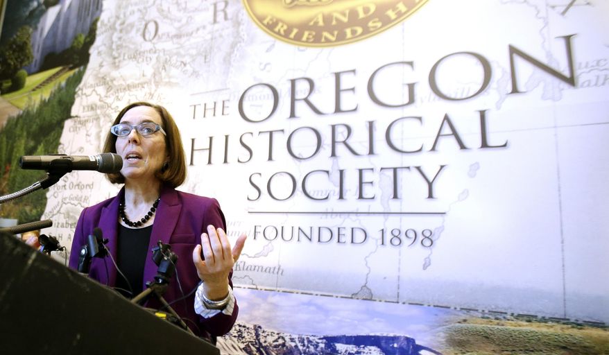 Oregon Secretary of State Kate Brown speaks during a celebration at the Oregon Historical Society to mark the 156th anniversary of Oregon's admission to the union as the 33rd state in Portland, Ore., Saturday, Feb. 14, 2015. Brown will become Oregon’s governor next week on the heels of the resignation of Oregon Gov. John Kitzhaber. (AP Photo/Don Ryan)