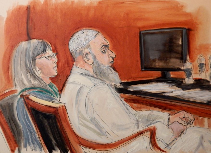 FILE- In this Jan. 20, 2015 courtroom sketch, Khaled al-Fawwaz, right, a defendant in the 1998 bombings of the U.S. embassies in Kenya and Tanzania that killed 224 people, is seated next to his defense attorney, Barbara O'Connor, during jury selection in Manhattan Federal Court. Prosecutors say al-Fawwaz, an early leader of al-Qaida, conspired in the 1998 bombings of two U.S. embassies in Africa. The attacks killed 224 people, including a dozen Americans. (AP Photo/Elizabeth Williams, File)