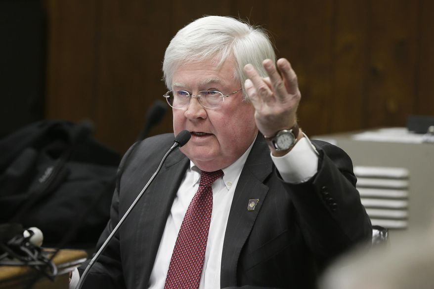 Pulaski County Prosecutor Larry Jegley speaks against a proposal at a meeting of the House Committee on Judiciary at the Arkansas state Capitol in Little Rock, Ark., Tuesday, Feb. 17, 2015. A proposal by Rep. Greg Leding, D-Fayetteville, would apply retroactively to dozens of prisoners behind bars for crimes they committed as teens, a move that is drawing objections from prosecutors. (AP Photo/Danny Johnston)