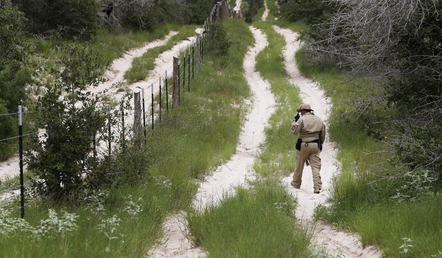 In this Sept. 5, 2014, file photo, a U.S. Customs and Border Protection Air and Marine agent looks for signs along trail while on patrol near the Texas-Mexico border near McAllen, Texas. (AP Photo/Eric Gay, File)