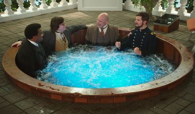 Clark Duke (second from left) starred with Craig Robinson), Rob Corddry and Adam Scott in &quot;Hot Tub Time Machine 2.&quot; (AP)
