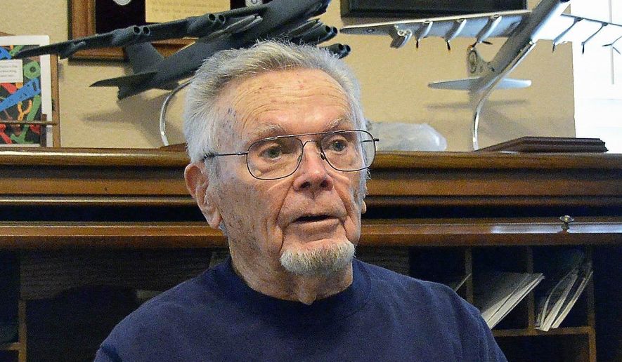 ADVANCE FOR SUNDAY, FEB. 22, 2015 - In this photo taken on Wednesday, Feb. 11, 2015, Dick Thrasher talks about having to jump out of a B-36 "Peacemaker" from his home in Hurst, Texas. Sixty-five years ago on Valentine's Day Thrasher was forced to parachute out of a plane carrying an unarmed nuclear bomb. Thrasher, 93, would survive but five others who jumped out of the crippled B-36 Peacemaker would die. (AP Photo/The Fort Worth Star-Telegram, Max Faulkner) MAGS OUT; (FORT WORTH WEEKLY, 360 WEST); INTERNET OUT (REV-SHARE)