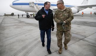 U.S. Secretary of Defense Ashton Carter, left, walks with U.S. Army Gen. John Campbell upon arrival at Hamid Karzai International Airport in Kabul, Afghanistan, Saturday, Feb. 21, 2015. Carter made his international debut Saturday with a visit to Afghanistan to see American troops and commanders, meet with Afghan leaders and assess whether U.S. withdrawal plans are too risky to Afghan security. (AP Photo/Jonathan Ernst, Pool)