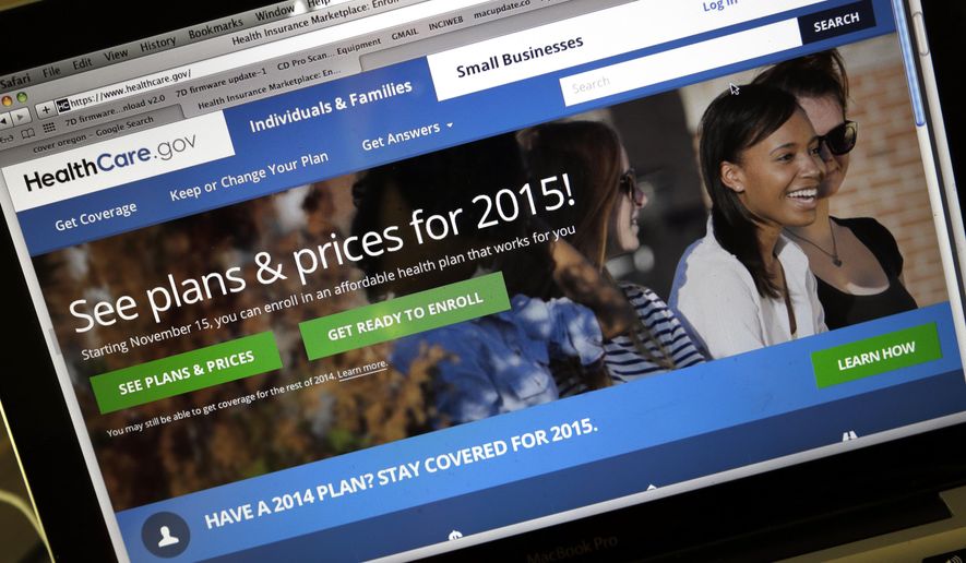 FILE - In this Nov. 12, 2014 file photo, the HealthCare.gov website is seen in Portland, Ore. About 800,000 HealthCare.gov customers got the wrong tax information from the government, the Obama administration disclosed Friday, and officials are asking those affected to delay filing their 2014 returns. The tax mistake disclosed Friday is a self-inflicted injury that comes on the heels of what President Barack Obama had touted as a successful sign-up season, with about 11.4 million people signed up. (AP Photo/Don Ryan)