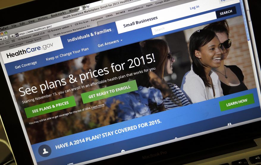 FILE - In this Nov. 12, 2014 file photo, the HealthCare.gov website is seen in Portland, Ore. About 800,000 HealthCare.gov customers got the wrong tax information from the government, the Obama administration disclosed Friday, and officials are asking those affected to delay filing their 2014 returns. The tax mistake disclosed Friday is a self-inflicted injury that comes on the heels of what President Barack Obama had touted as a successful sign-up season, with about 11.4 million people signed up. (AP Photo/Don Ryan)