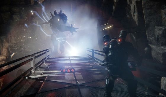 Warriors hunt a monster in the video game Evolve.
