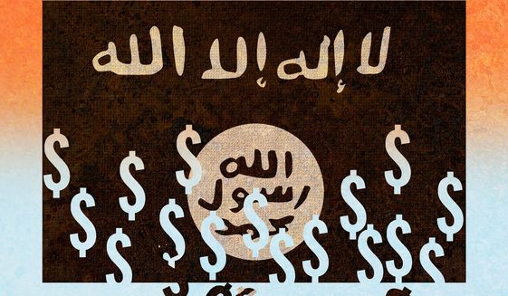 Illustration on attacking ISIS&#39;s finances by Alexander Hunter/The Washington Times