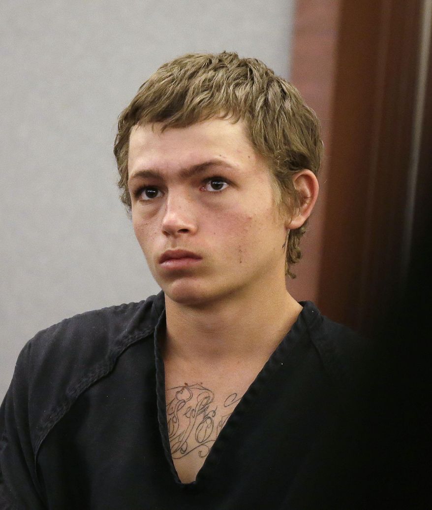 Erich Nowsch Jr. appears in a Las Vegas courtroom for his initial court appearance Monday, Feb. 23, 2015, in Las Vegas. Nowsch remains jailed following his arrest Friday on murder, attempted murder and other charges in the Feb. 12 shooting that fatally wounded 44-year-old Tammy Meyers outside her home. (AP Photo/Isaac Brekken)