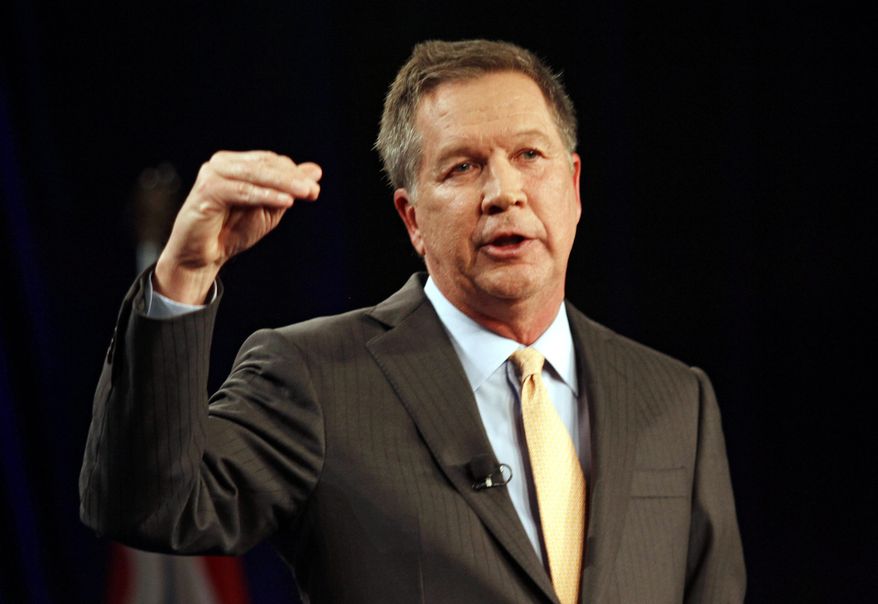 Ohio Gov. John Kasich delivers his State of the State address at the Roberts Centre, Tuesday, Feb. 24, 2015, in Wilmington, Ohio. (AP Photo/Skip Peterson)